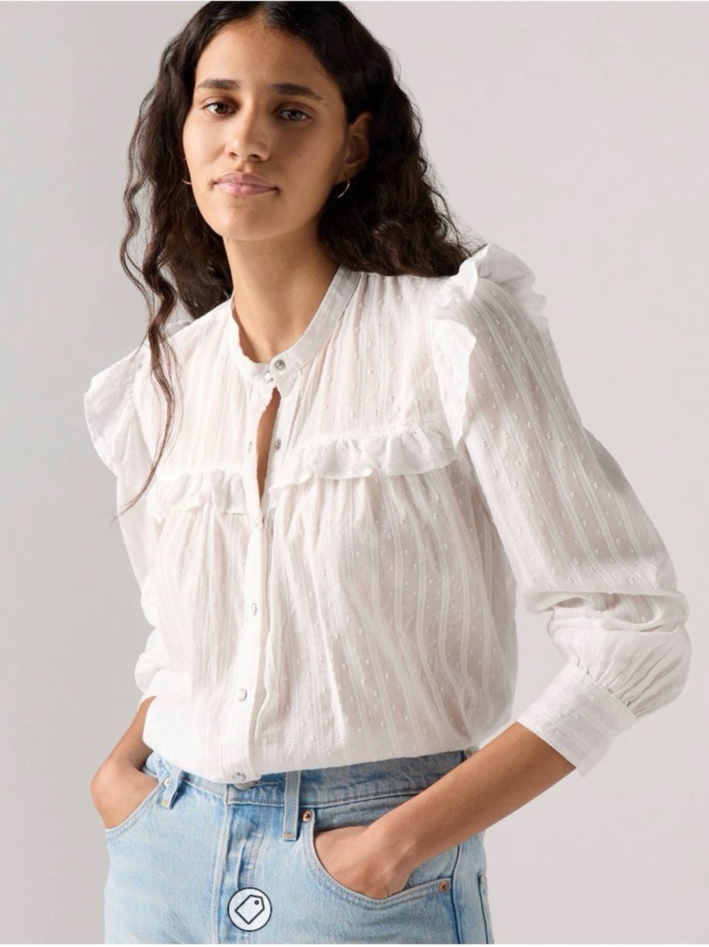 Levi's Gianna Long Sleeve Blouse White Ruffle-Trim Button Front L